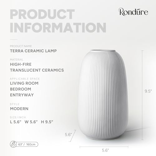 RONDURE 9.5" Modern Ceramic Table Lamp, Fully Dimmable Bedside Lamp for Bedroom Living Room Nightstand, White Translucent Ceramic Shade, Warm Ambient Decorative Corded Lighting, Bulb Included - style: Terra