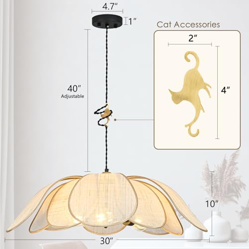 Boho Light Fixture, 30" Hand Woven Rattan Chandelier, Boho Chandelier with Brass Cat Hook for Dining Room, Living Room, Kitchen, Bedroom and Restaurant - size: 30in