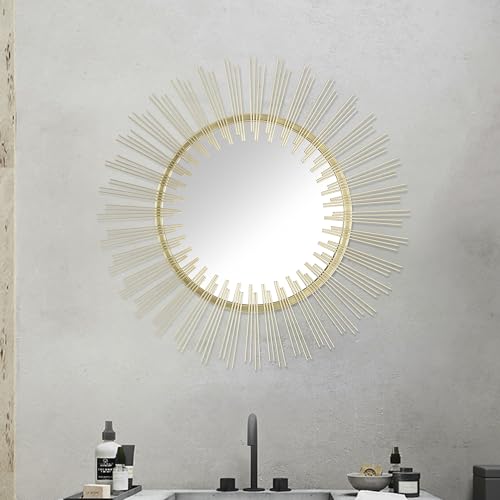 Edvivi Round 31" Antique Gold Sunburst Hanging Wall Mirror with Metal Frame, Decorative Mirror for the Living Room, Bedroom, Bathroom, Hallway, and Entryway - color: Gold