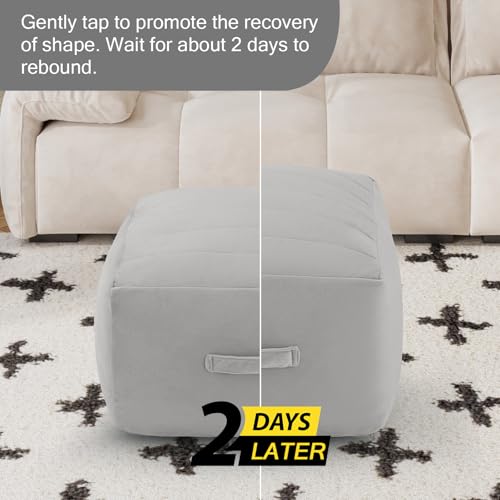 MeMoreCool Square Stuffed Pouf Ottoman Foot Rest, Floor Pouf Foot Stool with Foam Chunk Filling, Soft Stuffed Ottoman Footrest for Living Room, Light Grey - color: Striped Light Grey