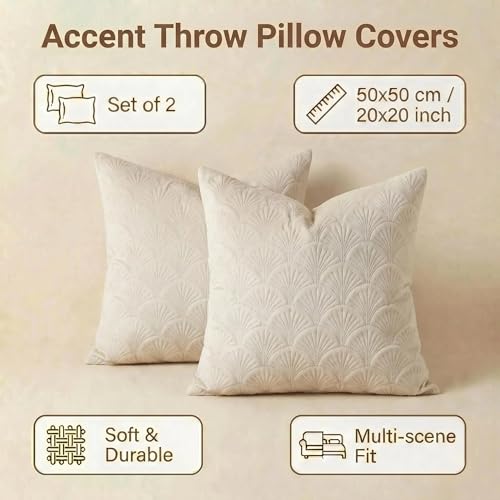 Mantle & Mason Modern Scandi Cushion Covers Leaf Pattern Throw Pillow Covers 20x20 inch Set of 2 Soft Velvet Embossing Decorative Pillow Covers for Couch Sofa Bed Chair Living Room Home Decor Beige - color: Leaf Beige, size: 20" x 20" (Pack of 2)