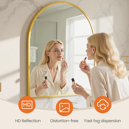 Sweetcrispy 31"x32" Arched Gold Bathroom Mirrors for Wall, Bathroom Mirrors for Over Sink, Metal Framed with HD Shatter-Proof Glass for Entryway, Living Room, Bedroom - color: Gold, size: 31"L x 32"W