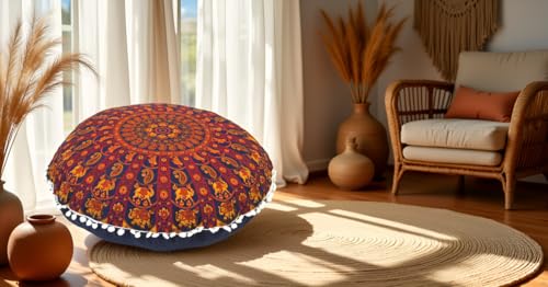 Round Mandala Floor Pillow Cover Seating Cushion Throw Cover Hippie Decorative Bohemian Ottoman Pouf Cover, Pom Pom Pillow Cases,Boho Indian 22 Inches (Orange) - color: Orange