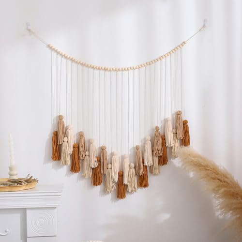 Khaki & Beige Boho Macrame Wall Hanging Handmade Tassels Garland Wall Décor with Wooden Beads for Bedroom Living Room Girls Boys Nursery Neutral Home Decor Aesthetic - color: Brown