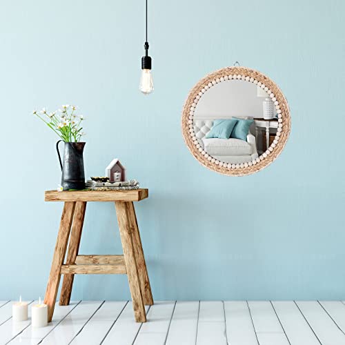 15 Inch Boho Round Hanging Wall Mirror Decorative Rattan Circle Mirrors for Farmhouse, Living Room, Bedroom - color: 15 Inch Wood