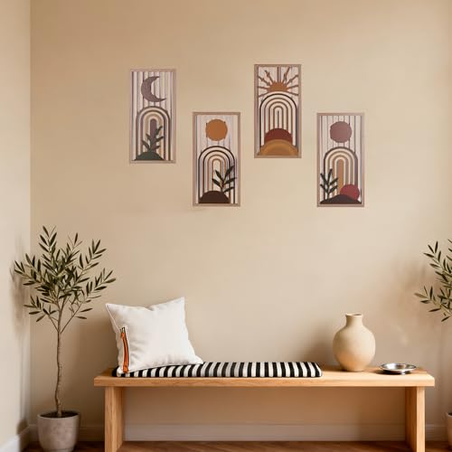Boho Wall Art Set of 4, Terracotta Wall Decor & Burnt Orange Bedroom Decor, Orange Modern Wall Art with Arch/Botanical Design - Mid-Century 3D Wooden Abstract Geometric Artwork for Home Living Room Office(C) - color: C