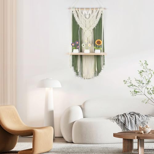 HVEST Green Macrame Wall Hanging Shelf Boho Wall Decor Floating Storage Book Shelf Green and Beige Handmade Tapestry Woven Wall Art for Bedroom Living Room Dorm Nursery Bathroom Macrame Plant Hanger - color: Green Beige
