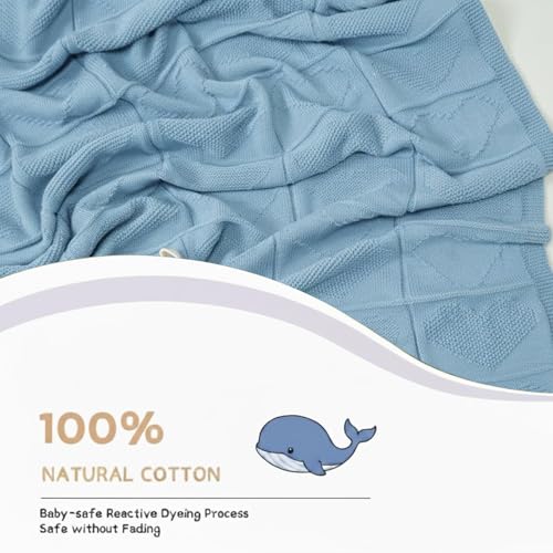 Baby Knit Cotton Blanket Baby Blue Heart Design Soft Cotton Throw for Nursery Crib Stroller Baby Gift Shower Birthday Christmas Size 30x40 - color: Baby Blue, size: 30"x40"