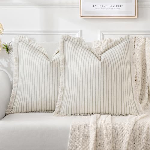 MIULEE Pack of 2 Sage Green Pillow Covers 20x20 Inch Striped Farmhouse Couch Spring Throw Pillow Covers with Fringe Chic Linen Decorative Cushion Covers for Sofa Living Room Bed Outdoor Home Decor - color: Sage Green, size: 20" x 20" (Pack of 2)