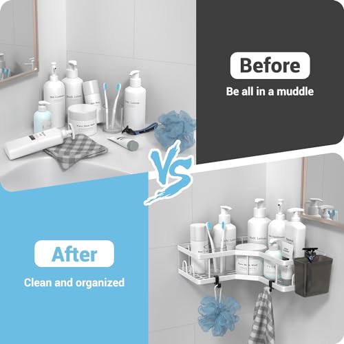 AKTECKE Shower Caddy Corner Organizer Shelf: 2Pack Adhesive Shower Essentials Accessories - No-Drilling Stainless Steel Bathroom Storage Rack with Hooks and Toothpaste Holder - color: white, size: 9.6"×9.6"×2.6"