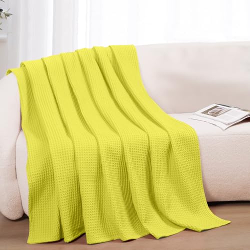 100% Cotton Blankets for Bed - Waffle Weave Blankets for Summer, Lightweight and Breathable Soft Woven Blanket for Spring (Yellow, Twin (60" x 90")) - color: Yellow, size: Twin (60" x 90")