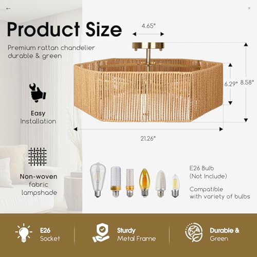 21.2" Rattan Ceiling Light 5-Light Boho Light Fixture Bohemian Ceiling Light Fixture for Bedroom Living Room Dining Room, Bulb NOT Included