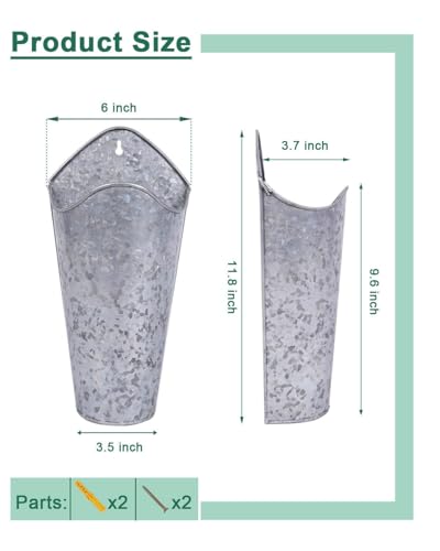 vensovo 12 Inches Galvanized Wall Planters - 2 Packs Metal Tin Vases for Flowers Indoors, Farmhouse Hanging Planter Tall Flower Holder for Country Decor Outdoors, Silver - color: Silver