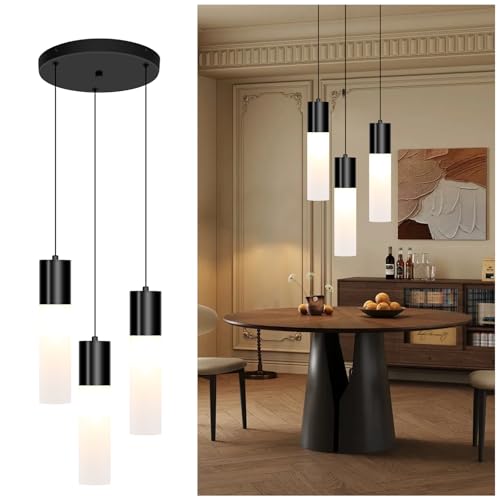 Cluster Black Pendant Lighting Fixture 3-Light Modern Hanging Dining Table Light with Milky White Lampshade LED Pendant Lights for Kitchen Island Dining Room Adjustable Height, 3000K-6000K - color: Black, size: 3-Light 1-Pack