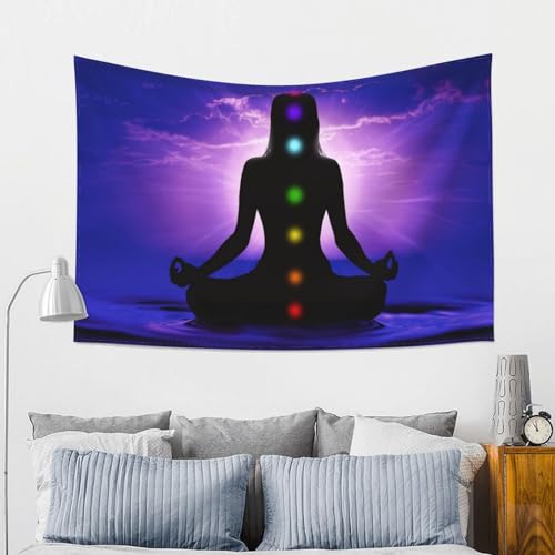 RTAFGU Chakra Meditation Tapestry, Chakra Meditation Silhouette, Spiritual Yoga Sunset Sky Art Aesthetic Wall Hanging Tapestries for Living Room, Bedroom, Dorm Party Home Decoration 60" L x 51" W - color: Chakra Meditation_1503, size: 60"L x 51"W