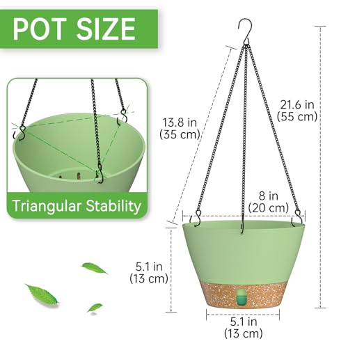 ZMTECH 2 Pack 8 Inch Hanging Baskets for Plants Outdoor Indoor, Modern Green Planters with Water Level Window & Metal Chain for Balcony Patio Garden Home Decor - color: Green, size: 8 Inch