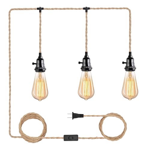 3 Light Hemp Rope Plug in Pendant Light Rattan Hanging Lights with Plug in Cord with Woven Lamp Shade, Plug in Cord Hemp Rope Hanging Lamp - color: 3 Light
