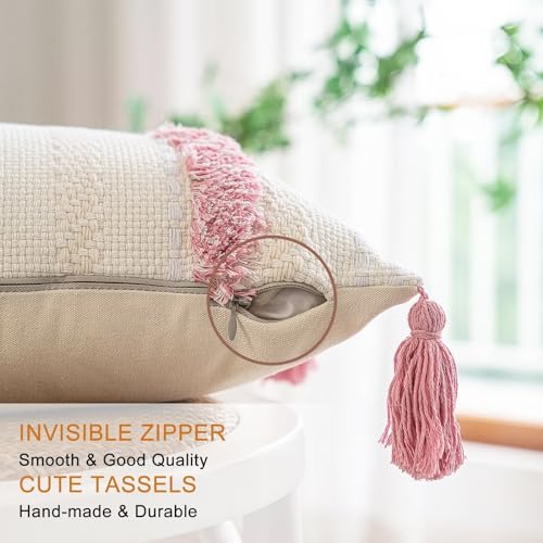 Boho Throw Pillow Covers 12x20 Set of 2 Woven Tufted Farmhouse Pillows Cover with Tassels Textured Striped Cushion Case Lumbar Pillow Cases Decorative Pillowcase for Sofa, Couch, Bed, Pink - color: Pink, size: 20" x 12" (Pack of 2)