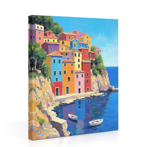 Italian Town Square Wall Art, Colorful Cityscape Canvas Framed Prints Modern Decorations Summer Aesthetic Poster for Living Room Kitchen Farmhouse Dining Room 11.5x15 Inch - color: Multi 1384