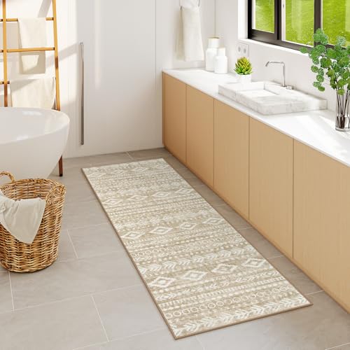 Lahome Boho Geometric Washable Runner Rug, 2x6 Low-Pile Tan Long Bathroom Runner Rug Non Slip Washable, Rustic Print Pattern Soft Bedroom Carpet Runner 6ft for Entryway Laundry Room Varena - color: Tan/White, size: 2' x 6'