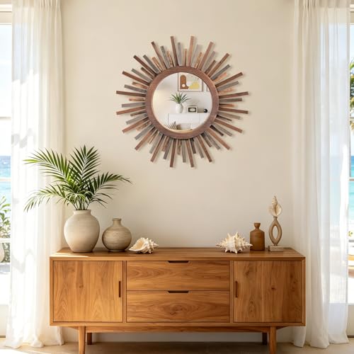 18 Inch Boho Sunburst Mirror, Decorative Rustic Farmhouse Wall Decor for Living Room, Bedroom, Bathroom, Hallway - Tricolor Wood Frame - color: Trilcolor, size: 18"L x 18"W