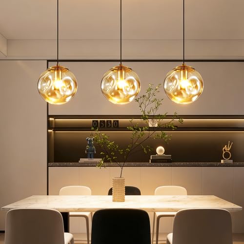 Modern Amber Concave Glass Pendant Light, 3-Pack Kitchen Island Lighting Single Globe Pendant Light Fixtures Century Kitchen Island Pendant Light for Bedroom Dining Room Light (Without Bulbs) - color: Amber-1 Light-3PC
