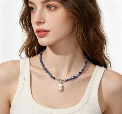 Beaded Necklaces for Women with Baroque Pearl, Turquoise Amethyst Lapis lazuli Tiger Eye Handmade Boho Bead Choker Necklace, Natural Stone Summer Jewelry Birthday Mother Gift for Women - color: Lapis lazuli