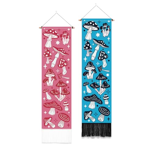 PLIGREAT 2 Pack Vertical Mushroom Wall Hanging, Pink and Blue Mushroom Wall Tapestry Aesthetic Mushroom Tapestry with Tassle Cute Narrow Art Tapestry for Bedroom Living Room Home Decor, 52" x 13" - color: blue,pink