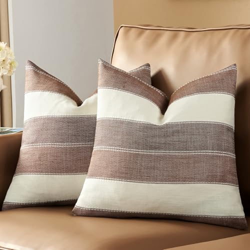 AmHoo Pack of 2 Farmhouse Stripe Check Throw Pillow Covers Set Case Cotton Linen Decorative Pillowcases Cushion Cover for Couch Bench Sofa 16x16Inch Brown - color: Brown, size: 16" x 16" (Pack of 2)
