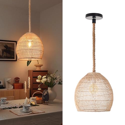 Arturesthome Mini Natural Rattan Pendant Light for Kitchen Island, Woven Lamp Shade Chandelier, Handmade Hanging Ceiling Light Lampshade, Rope Lamp D 9.8inx10.6in - size: 9.8″W x 10.6″H