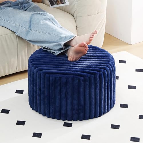 Tiita Round Stuffed Pouf Ottoman, Stripe Faux Fur Poufs with Foam Chunk Filling, Furry and Fluffy Pouf 21×21×12 inch Foot Stool Storage Ottoman,Puff Office Foot Rest for Couch Living Room, Navy Blue - color: Striped Round Navy Blue