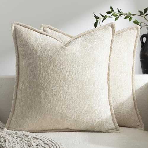 DEZENE Pack of 2 Beige Decorative Throw Pillow Covers 16x16 Cozy Soft Chenille Accent Vintage Square Couch Pillow Covers for Home Decor Bed Sofa Living Room - color: Beige, size: 16" x 16" (Pack of 2)