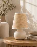 11" Small Mini Boho Table Lamp – Handmade Ceramic Cream Base with Scallop Woven Rattan Shade, Dimmable Plug-In Accent Light for Bedroom, Nightstand, Small Spaces, Kitchen Counter, Bookshelf - color: Airy Scallop Rattan Shade