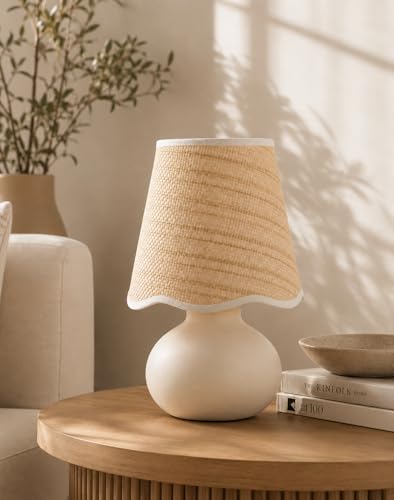 11" Small Mini Boho Table Lamp – Handmade Ceramic Cream Base with Scallop Woven Rattan Shade, Dimmable Plug-In Accent Light for Bedroom, Nightstand, Small Spaces, Kitchen Counter, Bookshelf - color: Airy Scallop Rattan Shade