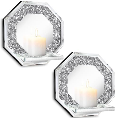 ZOLAPI Crystal Crush Diamond Wall Candle Holder Set of 2, Octagon Silver Mirrored Candle Sconces, Home Wall Decoration for Living Room, Dining Room & Bedroom. - color: Silver Mirror ⑧