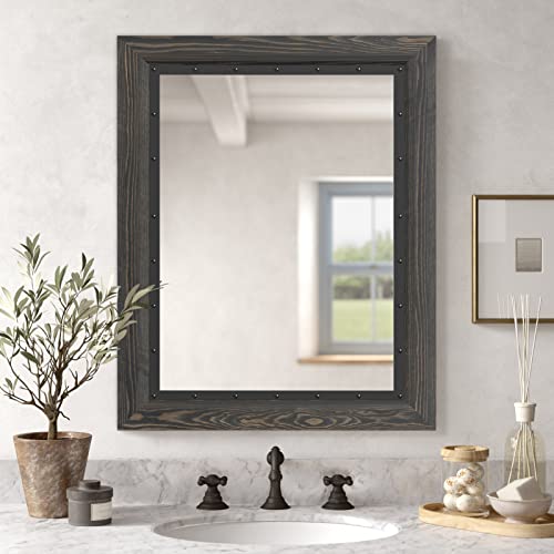YOSHOOT Rustic Wooden Framed Wall Mirror, 30"x20", Natural Wood and Iron Bathroom Vanity Mirror for Farmhouse Decor, Vertical or Horizontal Hanging - color: Ebony, size: 30"L x 20"W