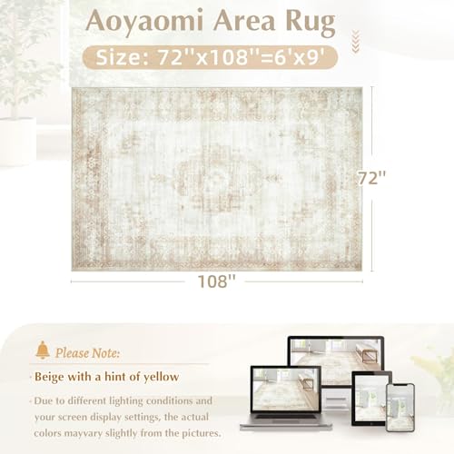 Aoyaomi Vintage Living Room Area Rug - 6x9 Large Machine Washable Boho Moroccan Distressed Farmhouse Rugs for Bedroom - Soft Non-Slip Indoor Floor Accent Rugs for Office Dining Room (Beige, 6' x 9') - color: Beige, size: 6' X 9' (Rectangular)