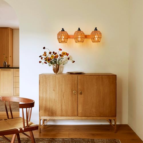 3-Light Rattan Vanity Light Fixtures,Bathroom Lighting Fixtures Over Mirror,Rustic Rattan Lampshade Wood Wall Light Boho Vanity Light Farmhouse Wall Sconces for Kitchen Stairs Bedroom - color: Drum shade