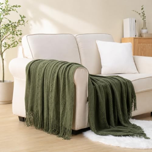 BATTILO HOME Olive Green Throw Blanket for Couch, Soft Army Green Blanket with Tassels for Home Decor, Decorative Knitted Throws for Couch Cover, 50"x60" - color: Army Green, size: 50 x 60 in.