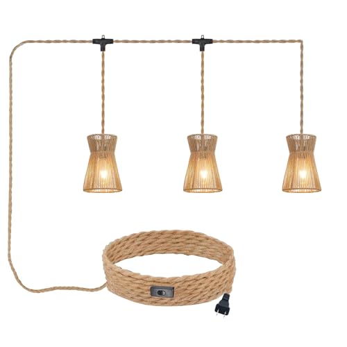 3 Lights Plug in Pendant Light with Cord On/Off Switch Rattan Hanging Lamp with 22ft Hand Woven Wicker Plug in Chandelier Boho Hanging Lights Fixture for Bedroom Kitchen Hallway Foyer - size: Plug 3 Lights