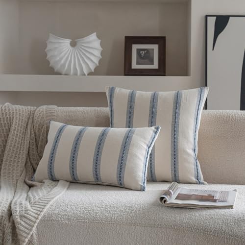 Cethom Boho Lumbar Throw Pillow Covers 12x20 Set of 2, Beige and Blue Striped Decorative Pillow Cases for Couch Chair Bed, Farmhouse Accent Cushion Covers for Living Room Bedroom Sofa Home Decor - color: Classic Blue, size: 20" x 12" (Pack of 2)
