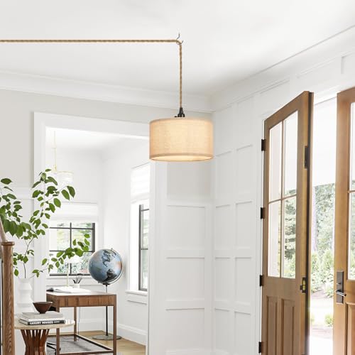 Plug in Pendant Lights Fabric Hanging Lamp Kit with Dimmable Switch 15 Ft Long Hemp Rope Farmhouse Pndant Light Cord Lighting Fixture DIY Hanging Light - size: 1 Light Fabric