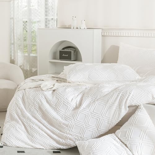 JELLYMONI Pillowcases King Size White 2 Pack Boho Plaid Bed Pillow Covers 20x36in Polyester Envelope Pillow Shams Tufted Bohemian Textured (Pillows are not Included) - color: 04 - White - Grid, size: 36" x 20" (Pack of 2)