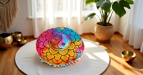 Round Mandala Floor Pillow Cover Seating Cushion Throw Cover Ottoman Pouf Cover Pom Pom Pillow Cases Hippie Decorative Bohemian Boho Indian 22 Inches (Multi Color) - color: Multi Color