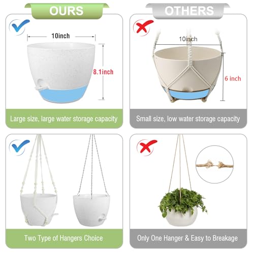 Meowell 10 inch Self Watering Hanging Planters, 2 Pack Hanging Baskets for Indoor Outdoor Plants, Hanging Flower Pots with Drainage Holes and 2 Kinds of Plant Hangers for Garden Decor, Speckled White - color: White With Black Speckles