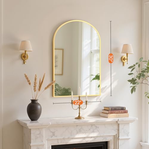Sweetcrispy 20"x30" Arched Gold Bathroom Mirrors for Wall | Bathroom Mirrors for over sink, Metal Framed with HD Shatter-Proof Glass for Entryway, Living Room, Bedroom - color: Gold, size: 30"L x 20"W