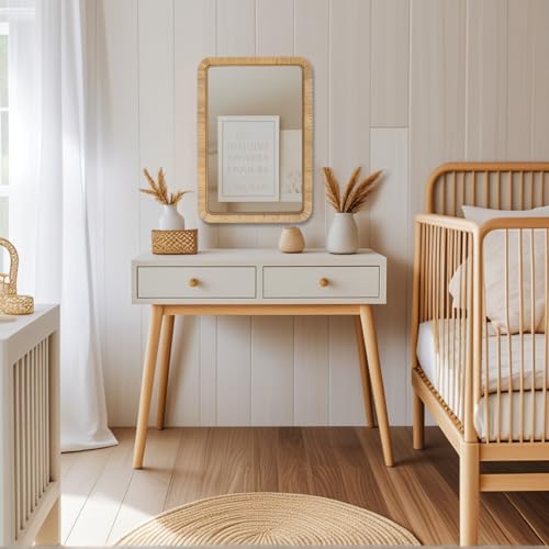 FUIN 20" x 30" Rattan Wicker Rectangle Wall Mounted Bathroom Mirror for Coastal Boho Nursery Decor, Natural - color: Rattan, size: 30"L x 20"W