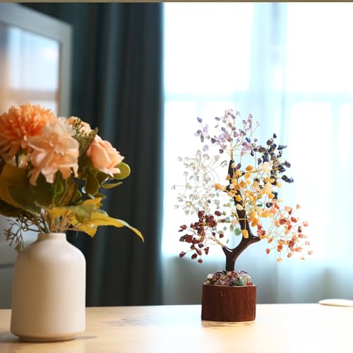 Crystal Tree of Life with Chakra Stones - Healing Crystals Decor for Desk & Home, Housewarming Gifts for New Home, Unique Birthday Gifts for Women, Sisters, Friends (7 Chakra Tree Wooden Base)