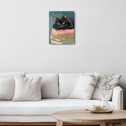 Funny Cat Lying on Books Canvas Wall Art, Cat Aesthetic Framed Art Paintings Wall Decor Cats Lover Prints Picture for Living Room Dining Room Bedroom Farmhouse Decor 11.5x15 Inch - color: Multi 1393