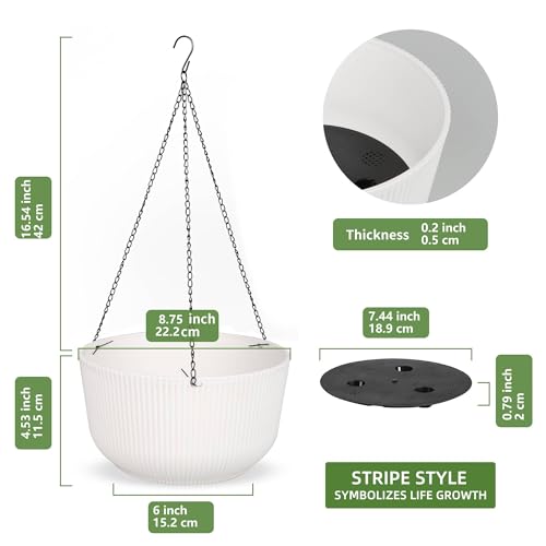 Dexceder 8.75 Inch Self Watering Hanging Planter (2 Pack, White) | Thickened Hanging Basket Flower Plant Pot Indoor Outdoor - color: White, size: 8.75 inch